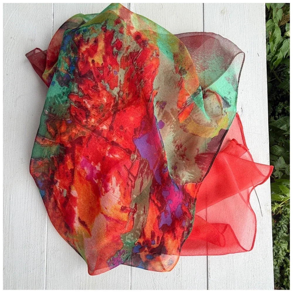 Unbranded Abstract Print Sheer Rectangular Scarf Red Multi Accessory